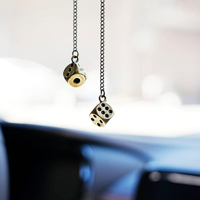 AMIORO Creative Hanging Dice with Dots Car Metal Pendant Rear View Mirrors Charms Ornament (Brass) - Image 1
